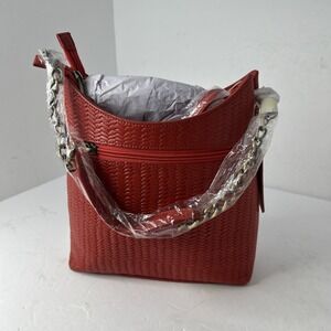 ANUSCHKA Red Woven Genuine Leather Top Zip Bucket Shoulder Bag Crossbody Purse